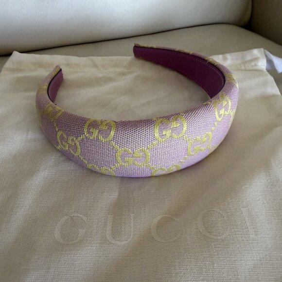 NEW GUCCI HAIRBAND CANVAS PINK YELLOW GG Hairband 100% Authentic main image 3